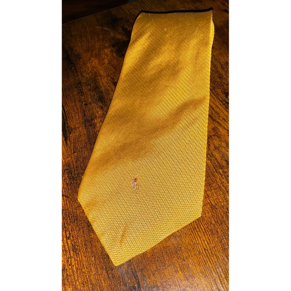 Polo Ralph Lauren Silk Tie Mustard Yellow Herringbone Pony Logo Handmade Mens